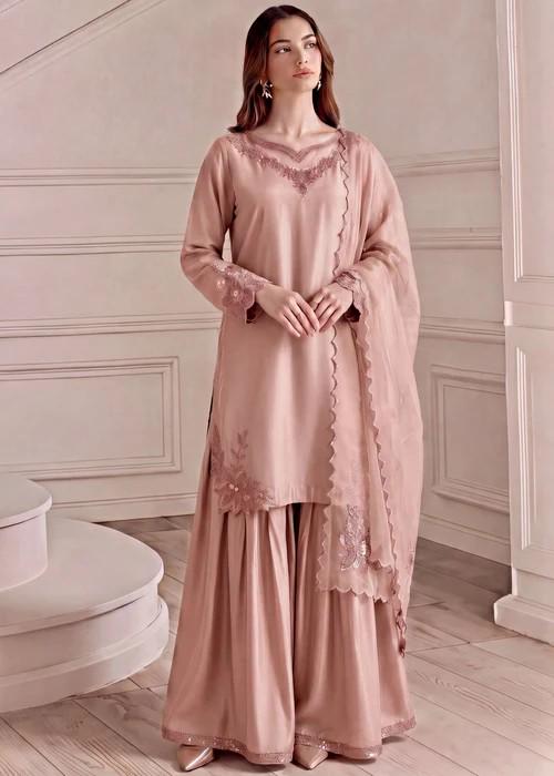 3 Piece Silk Sharara Suit - Pink