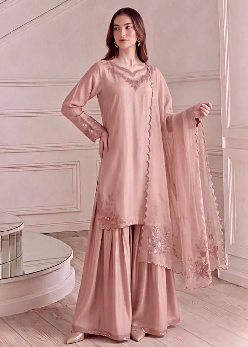 3 Piece Silk Sharara Suit - Pink