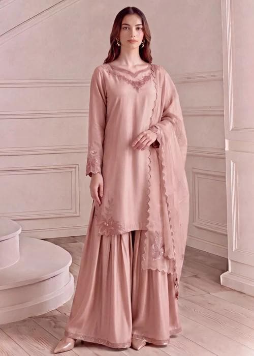 3 Piece Silk Sharara Suit - Pink