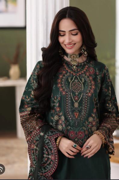 Embroidered Pure Raw Silk Suit - 3 Piece - Dark Green