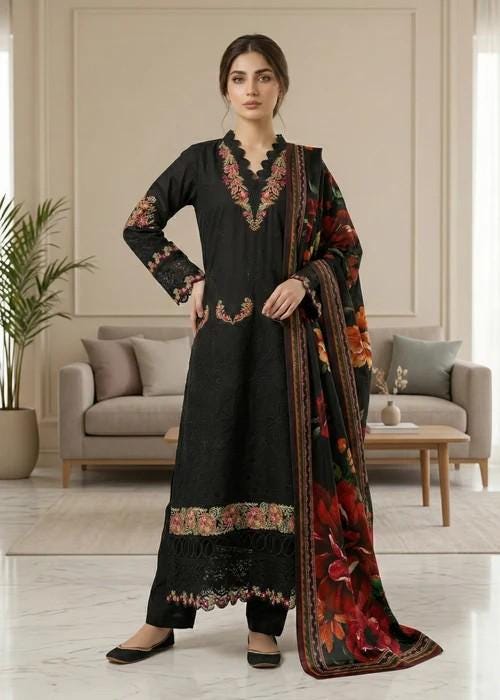 Embroidered Lawn Suit with Silk Dupatta