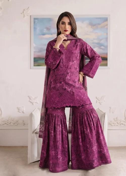 3 Piece Embroidered Lawn Gharara Suit - Purple - Silk Dupatta