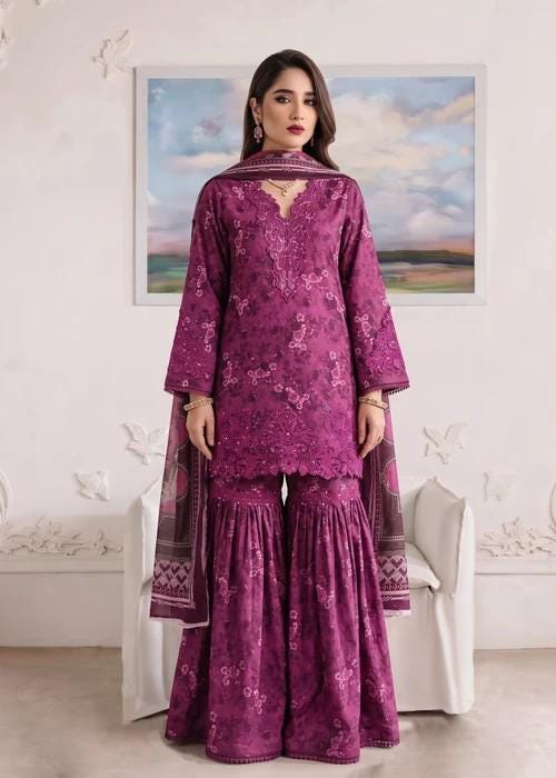 3 Piece Embroidered Lawn Gharara Suit - Purple - Silk Dupatta