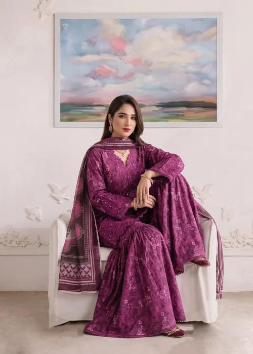 3 Piece Embroidered Lawn Gharara Suit - Purple - Silk Dupatta