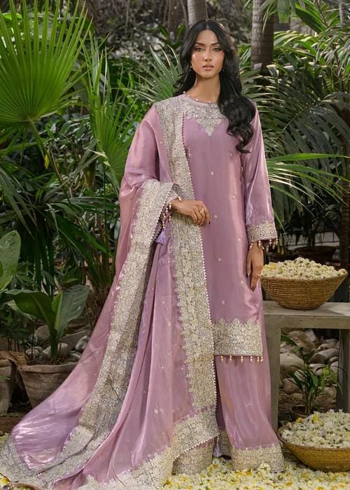 3 Piece Embroidered Silk Kurta Shalwar Suit - Mauve Pink