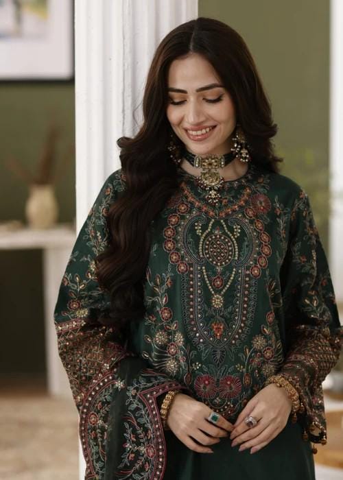 Embroidered Pure Raw Silk Suit - 3 Piece - Dark Green