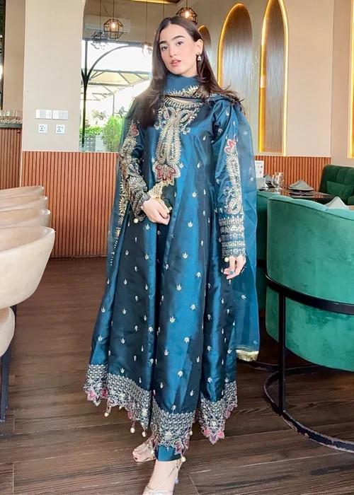 3 Piece Embroidered Silk Pishwas - Teal