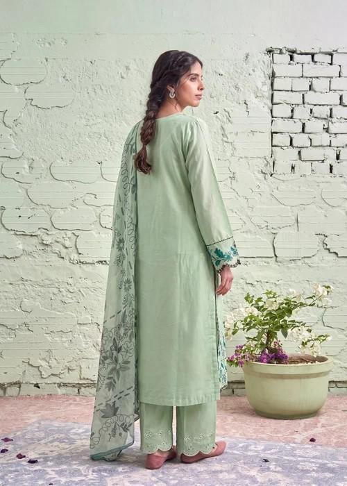 Embroidered Cotton Palazzo Suit – 3 Piece - Pistachio Green