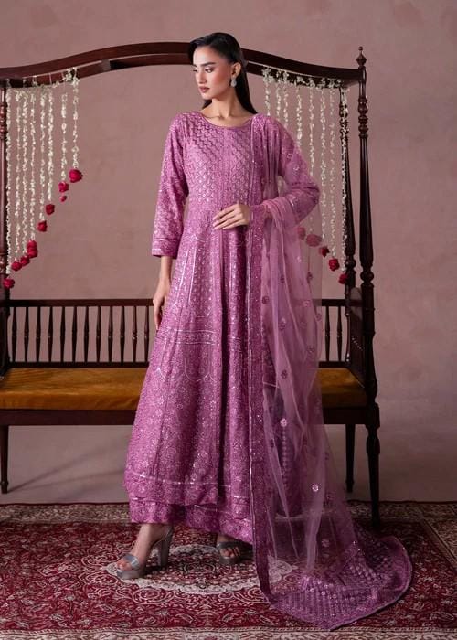Mauve Pink Chiffon Maxi Dress - 3 Piece Designer Wear