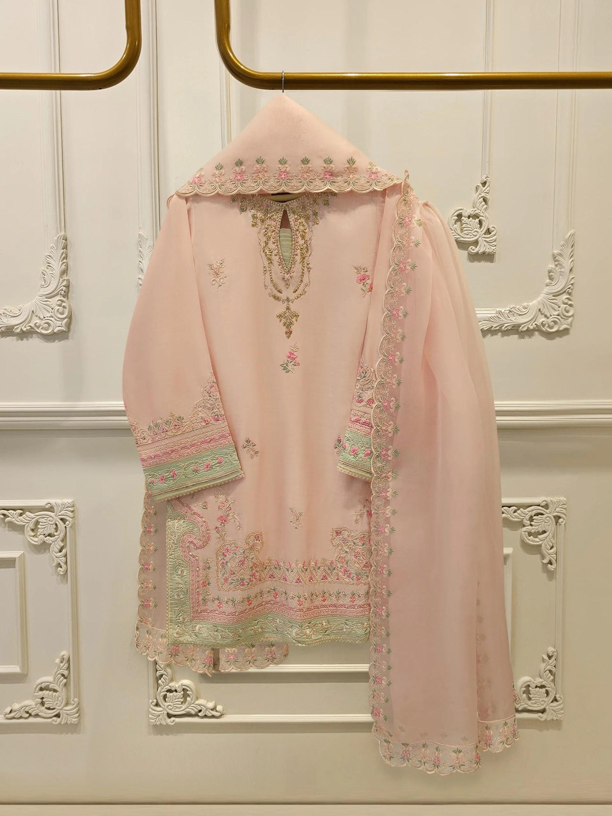 Agha Noor 3 Piece -  Pure Khadi Silk Embroidered Suit - Pink