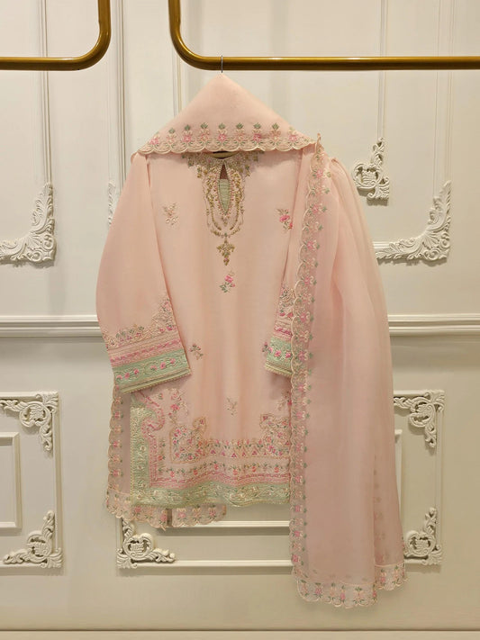 Agha Noor 3 Piece -  Pure Khadi Silk Embroidered Suit - Pink