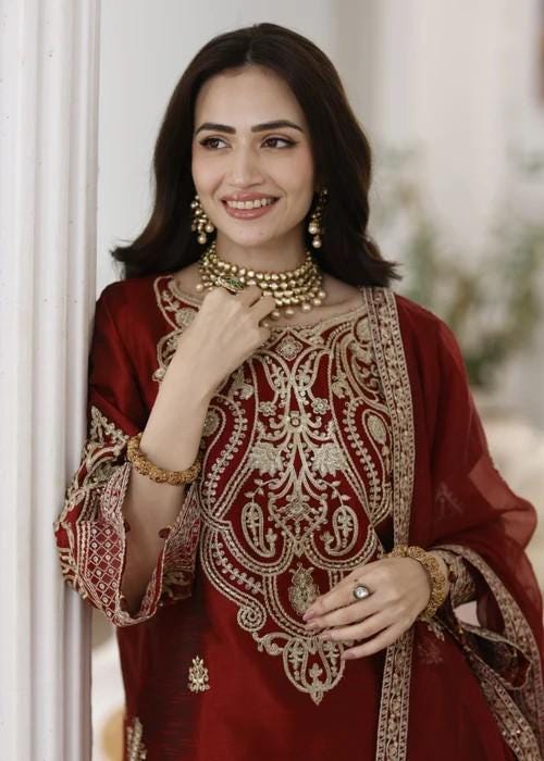 Embroidered Pure Raw Silk Suit - 3 Piece
