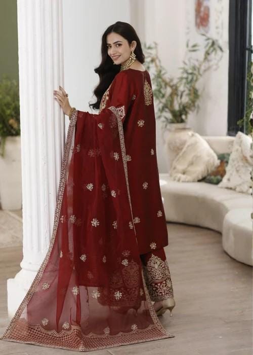Embroidered Pure Raw Silk Suit - 3 Piece