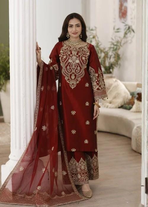 Embroidered Pure Raw Silk Suit - 3 Piece