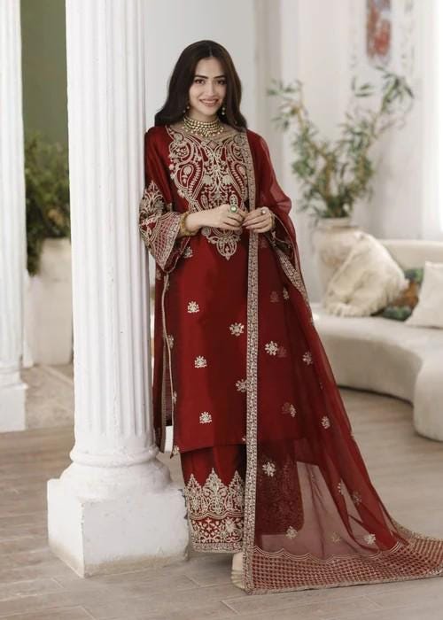 Embroidered Pure Raw Silk Suit - 3 Piece