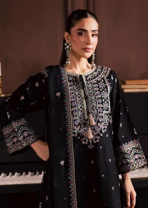 3 piece - Embroidered Linen Suit with Chiffon Dupatta