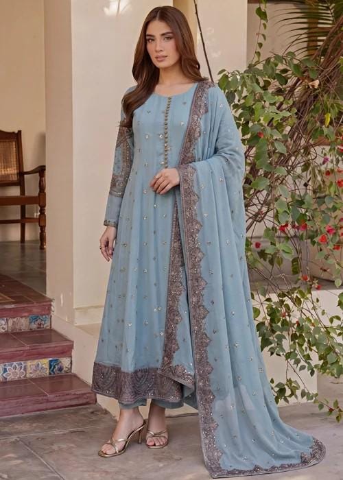 3 Piece Chiffon Maxi Dress - Ice Blue