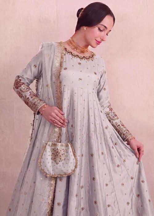Embroidered Silk Pishwas Palazzo Suit - 4 Piece - Ash Grey