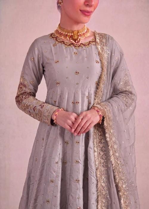 Embroidered Silk Pishwas Palazzo Suit - 4 Piece - Ash Grey