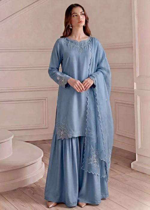 NEW STOCK: 3 Piece Silk Sharara Suit - Ice Blue