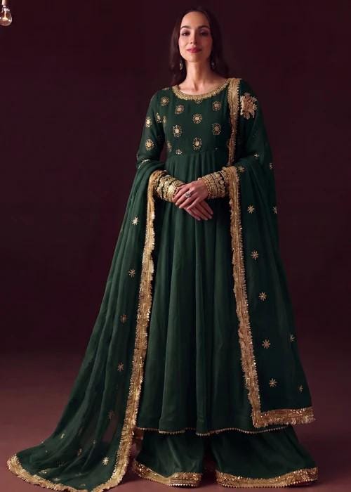 Embroidered Chiffon Pishwas Palazzo Suit - 4 Piece - Dark Green