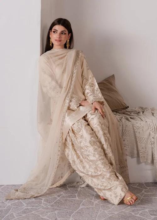 3 Piece Embroidered Charmeuse Silk Suit - Chiffon Dupatta - Beige