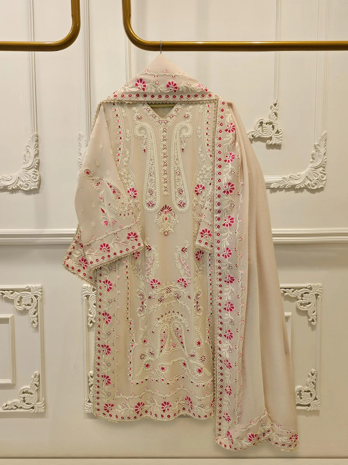 Agha Noor 3 Piece - Pure Embroidered Cotton Net Suit - Beige - Lining in the sleeves too
