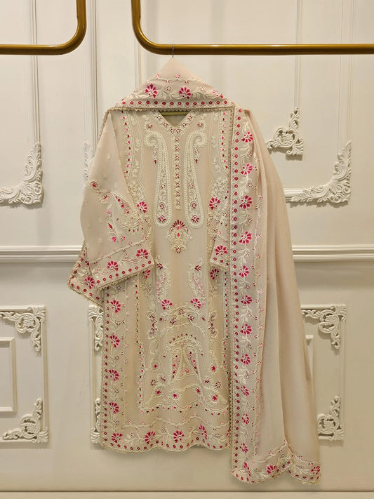 Agha Noor 3 Piece - Pure Embroidered Cotton Net Suit - Beige - Lining in the sleeves too