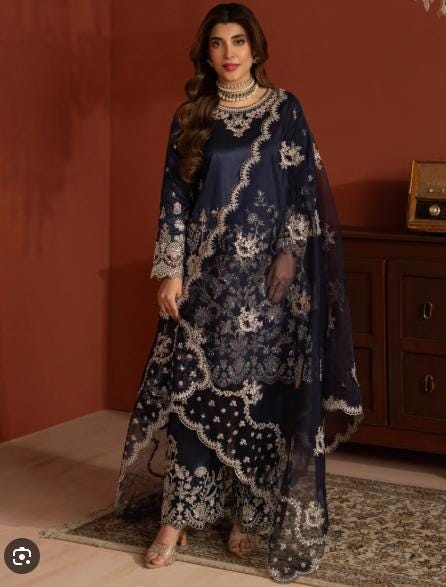 Embroidered Pure Raw Silk Suit - 3 Piece - Navy Blue