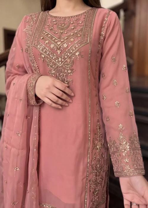Embroidered Chiffon Sharara - Pink - 3 Piece