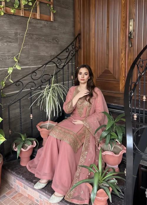 Embroidered Chiffon Sharara - Pink - 3 Piece