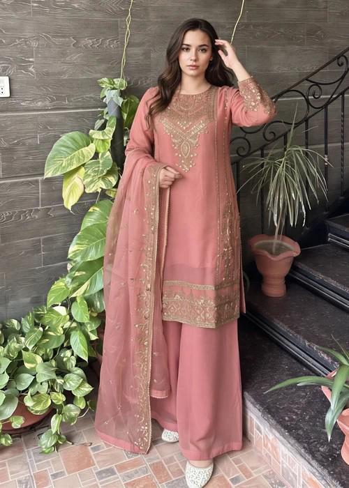 Embroidered Chiffon Sharara - Pink - 3 Piece