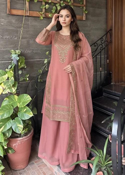 Embroidered Chiffon Sharara - Pink - 3 Piece