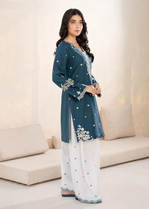 Embroidered Cotton Kurta Culottes Set - Teal