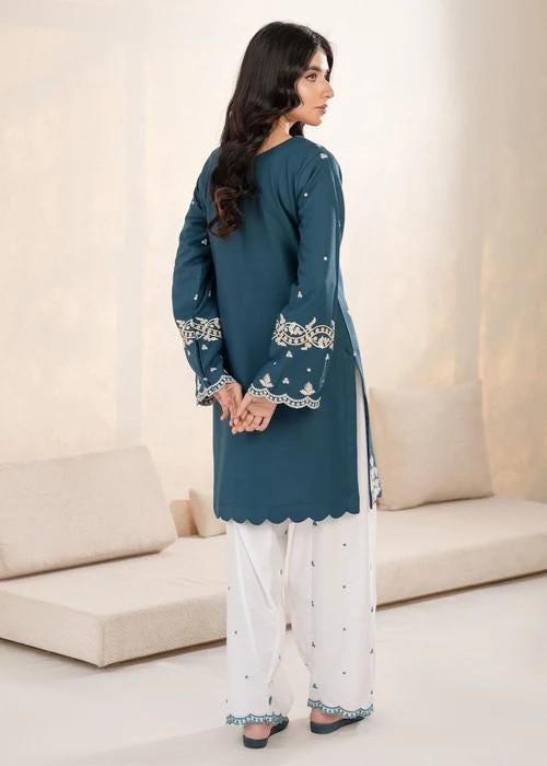Embroidered Cotton Kurta Culottes Set - Teal