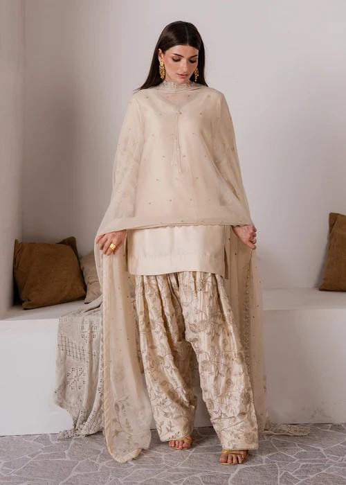 3 Piece Embroidered Charmeuse Silk Suit - Chiffon Dupatta - Beige