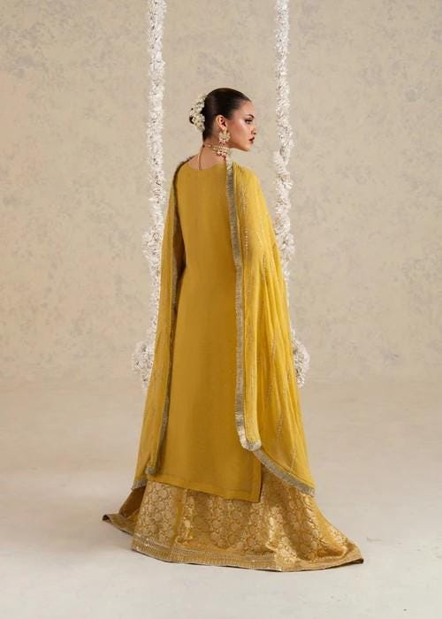 Embroidered Chiffon and Jamawar Lehenga Suit - 3 Piece - Mustard