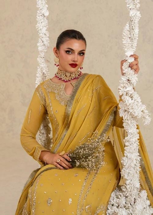 Embroidered Chiffon and Jamawar Lehenga Suit - 3 Piece - Mustard