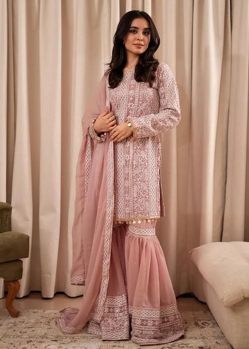 Embroidered Chiffon Gharara - 3 Piece- Blush Pink