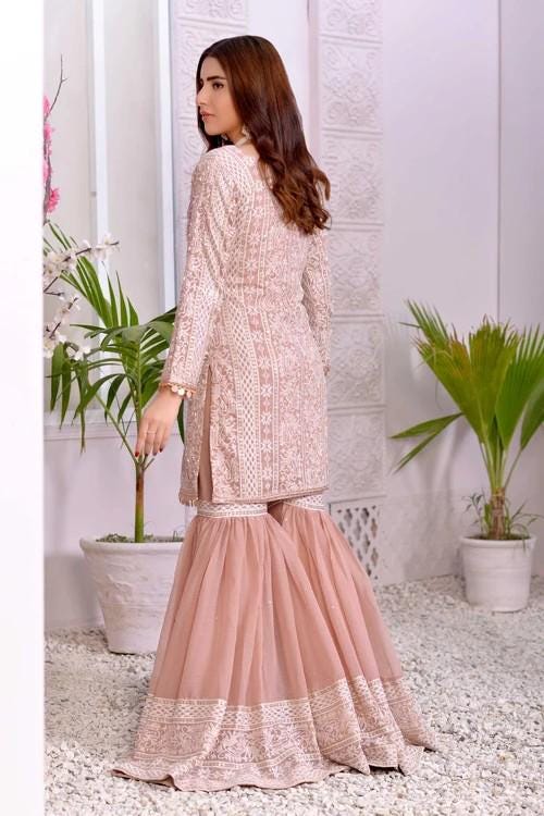 Embroidered Chiffon Gharara - 3 Piece- Blush Pink