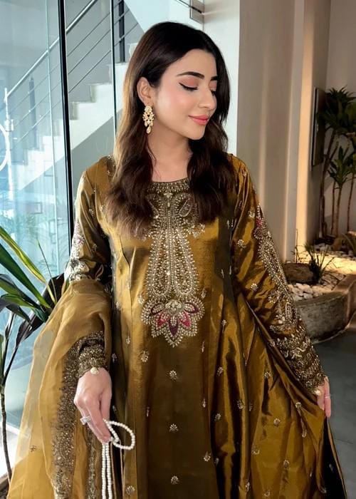 3 Piece Embroidered Silk Maxi Dress - Golden Brown