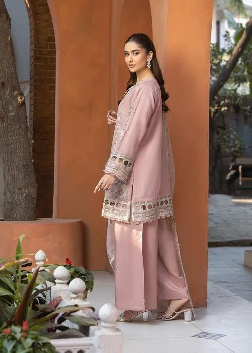 Embroidered Organza and Raw Silk Palazzo Designer Suit - 3 Piece - Pastel Pink
