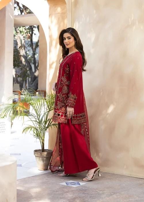 Embroidered Organza and Raw Silk Palazzo Designer Suit - 3 Piece - Red