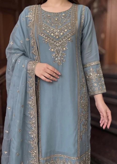 Embroidered Chiffon Sharara - Ice Blue - 3 Piece