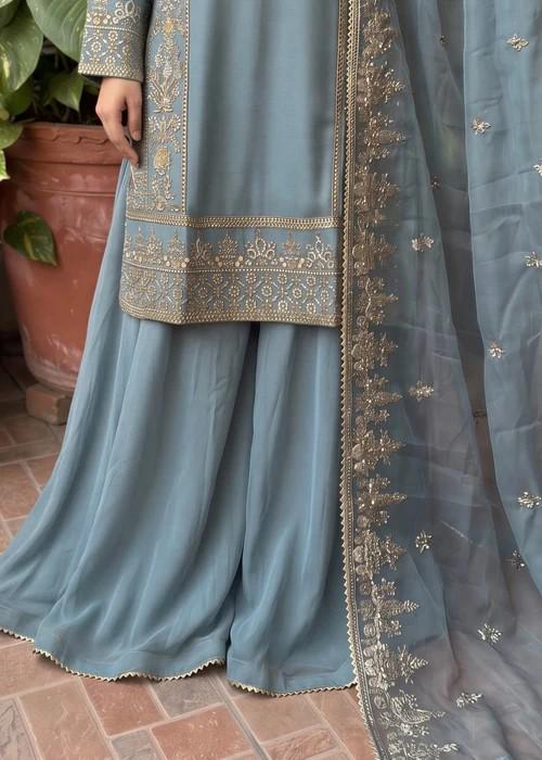 Embroidered Chiffon Sharara - Ice Blue - 3 Piece