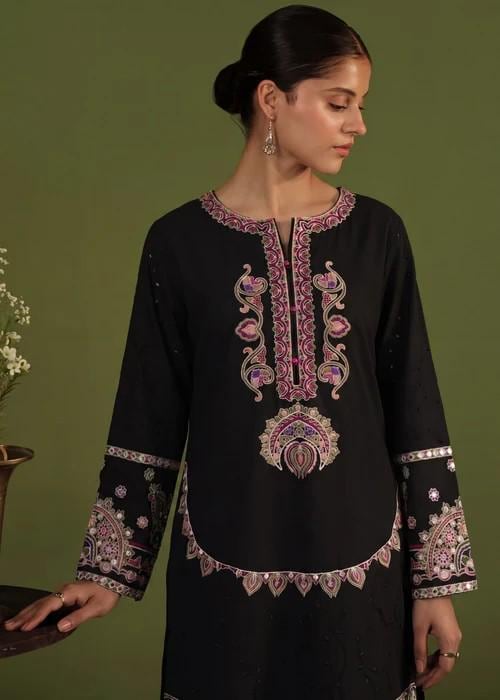 Embroidered Short Kurta Lawn Farshi Shalwar Suit - Black