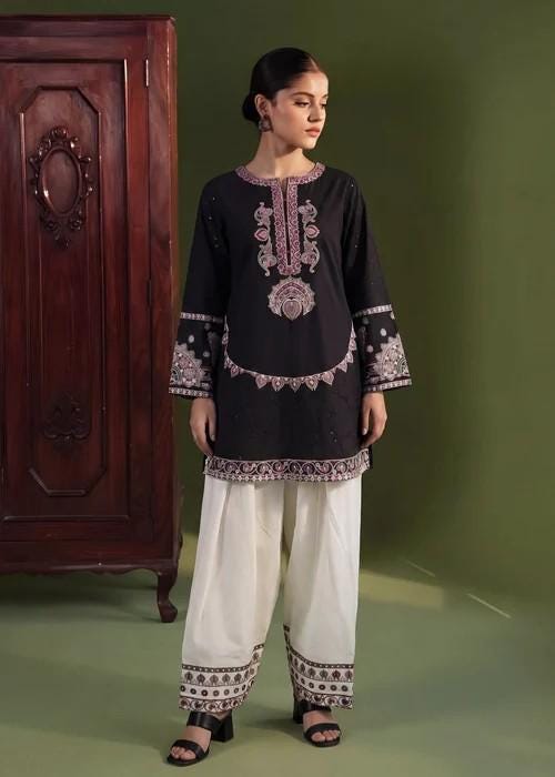 Embroidered Short Kurta Lawn Farshi Shalwar Suit - Black