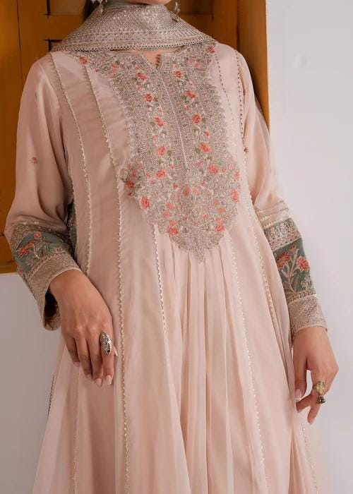 Peach Pink Chiffon Maxi Dress - 3 Piece Designer Wear
