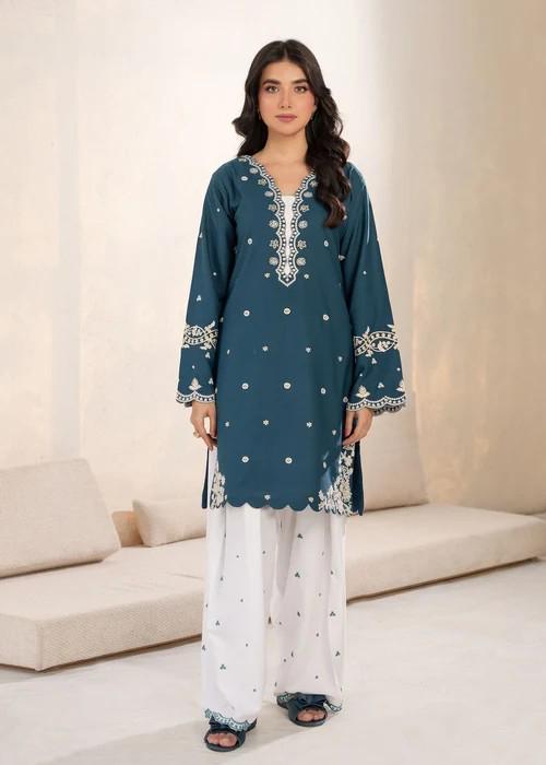 Embroidered Cotton Kurta Culottes Set - Teal