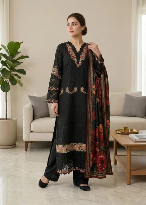 Embroidered Lawn Suit with Silk Dupatta